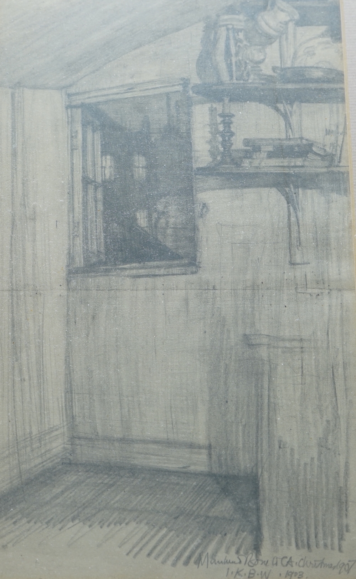 Sir Muirhead Bone (Scottish, 1876-1953), pencil drawing, 'Interior Christmas 1907', signed and inscribed, 29 x 17cm